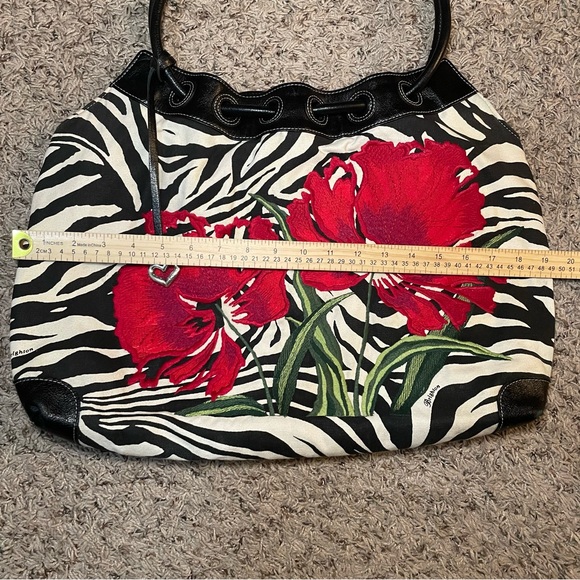 Brighton Zebra Print Canvas Embroidery Floral Shoulder Bag Black Leather Trim - Picture 9 of 11
